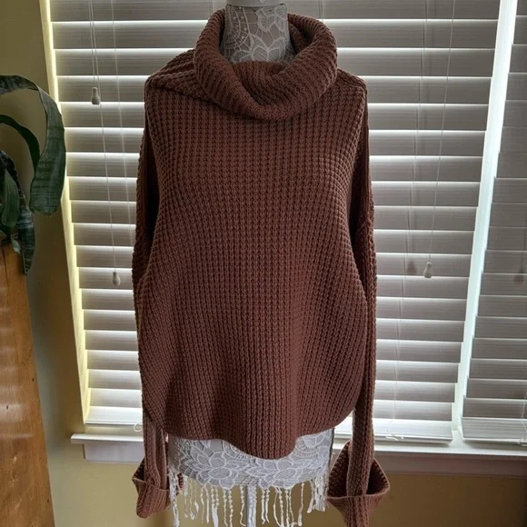 Free People Pullover Waffle knit sweater Oversized Orange Brown Distressed L - Picture 2 of 15